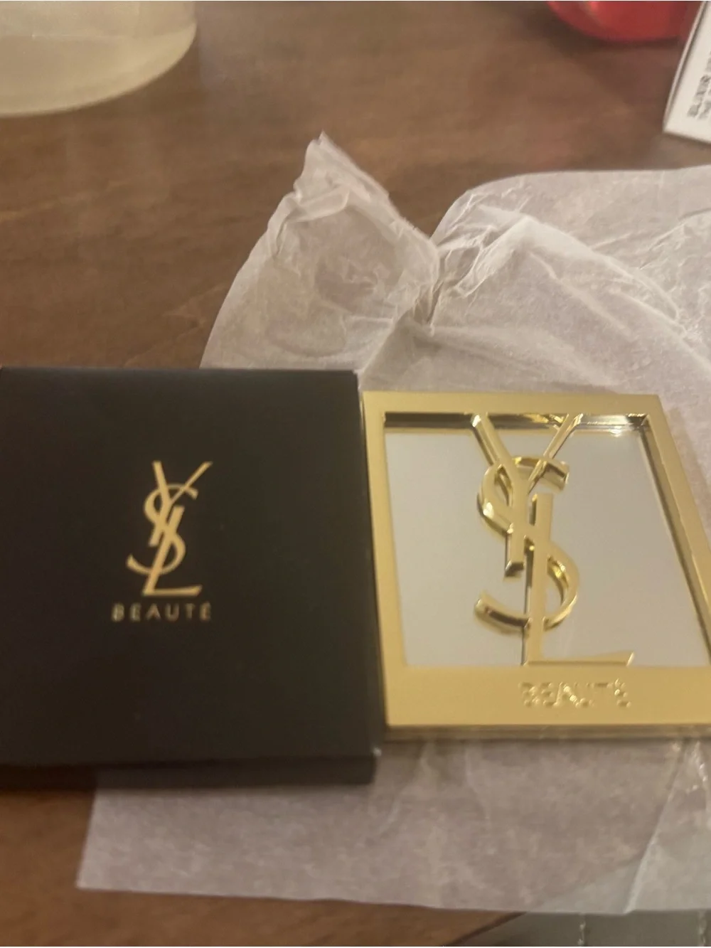 Rare!Yves Saint Laurent Gold Logo Compact Mirror with Black Case